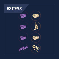 63 Items: 3 Random Hunters + 13 Items + 47 Chests