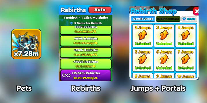Pets, Rebirths, Jumps and Portals