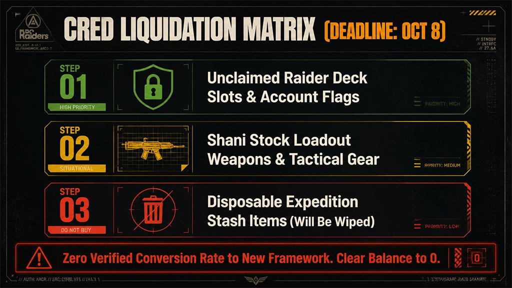 ARC Raiders patch 1.45 CRED currency expiration spending priority flow chart