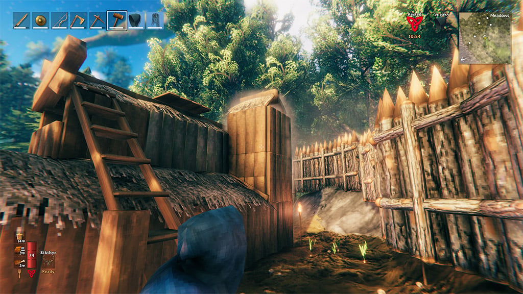 Functional chimney and dirt floor campfire setup showing proper Valheim smoke ventilation