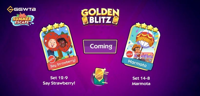 Monopoly GO First Golden Blitz Summer Escape: Say Strawberry! & Marmota Stickers