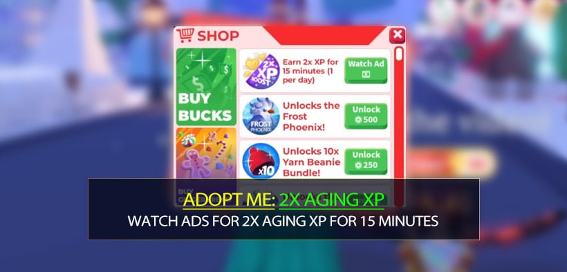 Adopt Me Watch Ads for 2x Aging XP for 15 minutes Guides in Free Game Pass Update