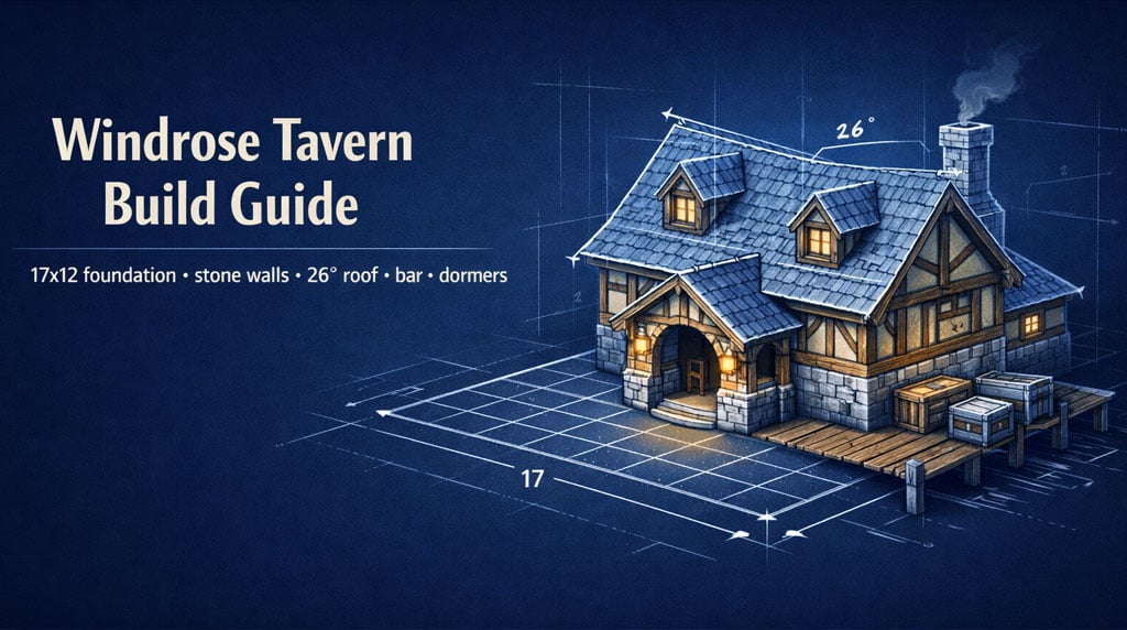 Windrose Tavern Build Guide: 17x12 Stone Tavern Layout, Roof, Bar, Stairs, and Dormers