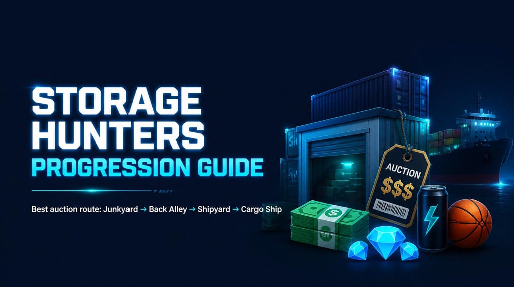 Storage Hunters Progression: Best Money Route, Auctions, Cargo Ship, Energy Drinks, and Basketball