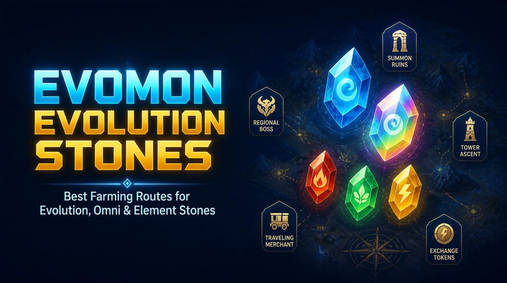 Evomon Evolution Stones Guide: Best Farming Methods for Evolution, Omni, and Element Stones