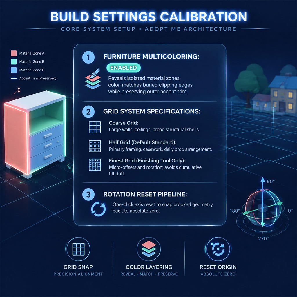 Adopt Me gameplay settings interface highlighting Furniture Multicoloring and grid adjustment toggles Adopt Me gameplay settings interface highlighting Furniture Multicoloring and grid adjustment toggles