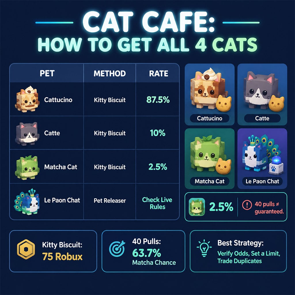 Four Adopt Me Cat Cafe pets separated by Kitty Biscuit and Pet Releaser acquisition methods
