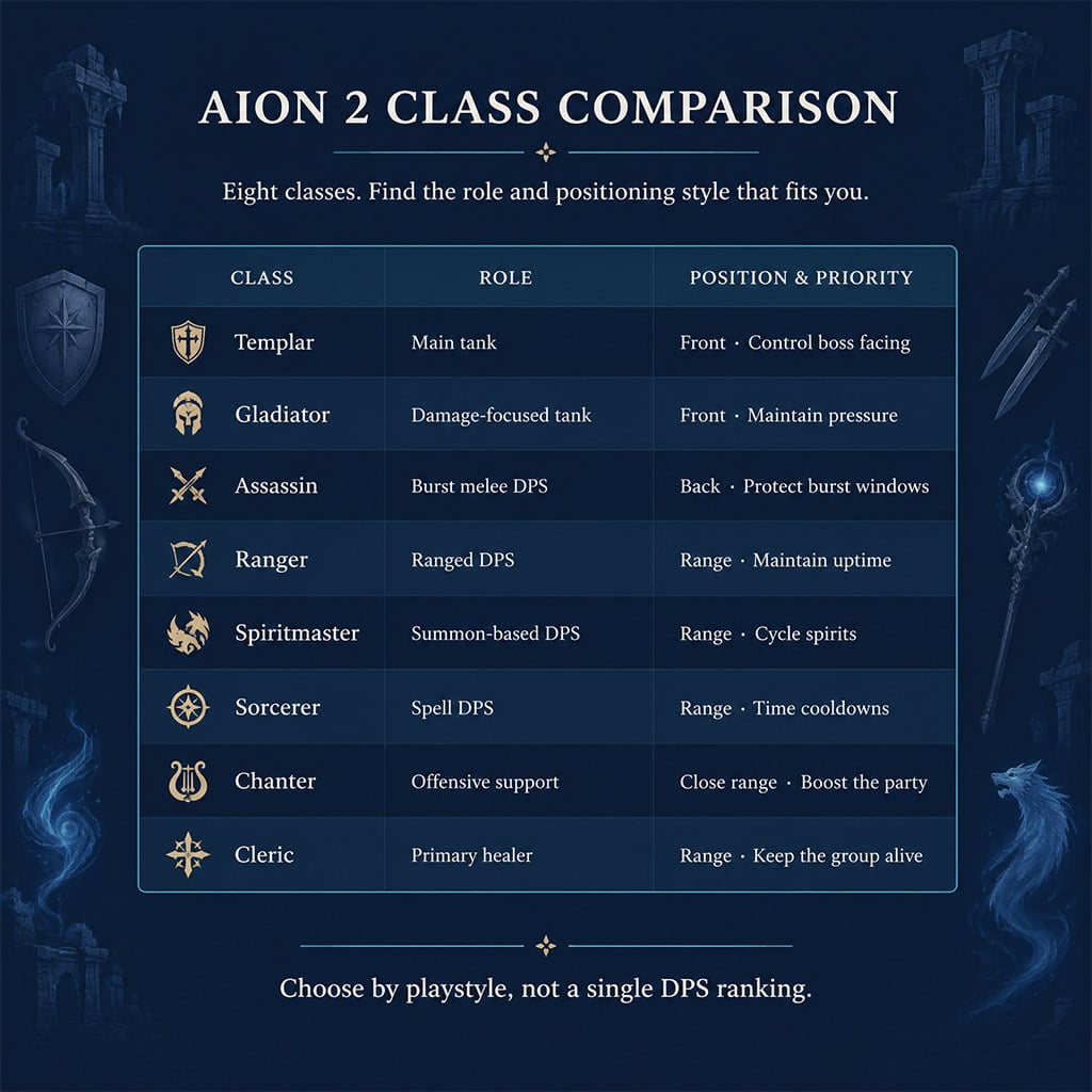 Decision chart matching eight AION 2 classes to combat roles and positioning demands Decision chart matching eight AION 2 classes to combat roles and positioning demands