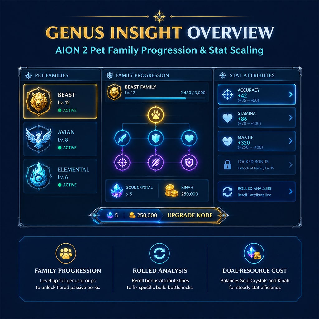 AION 2 Genus Insight panel showing pet families, family level progress, rolled analysis effects, and Soul Crystal plus Kina upgrade cost