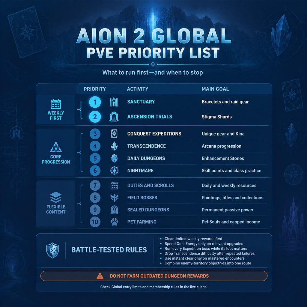 AION 2 Global PvE activity chart ranking raids, dungeons, trials, and daily tasks by priority