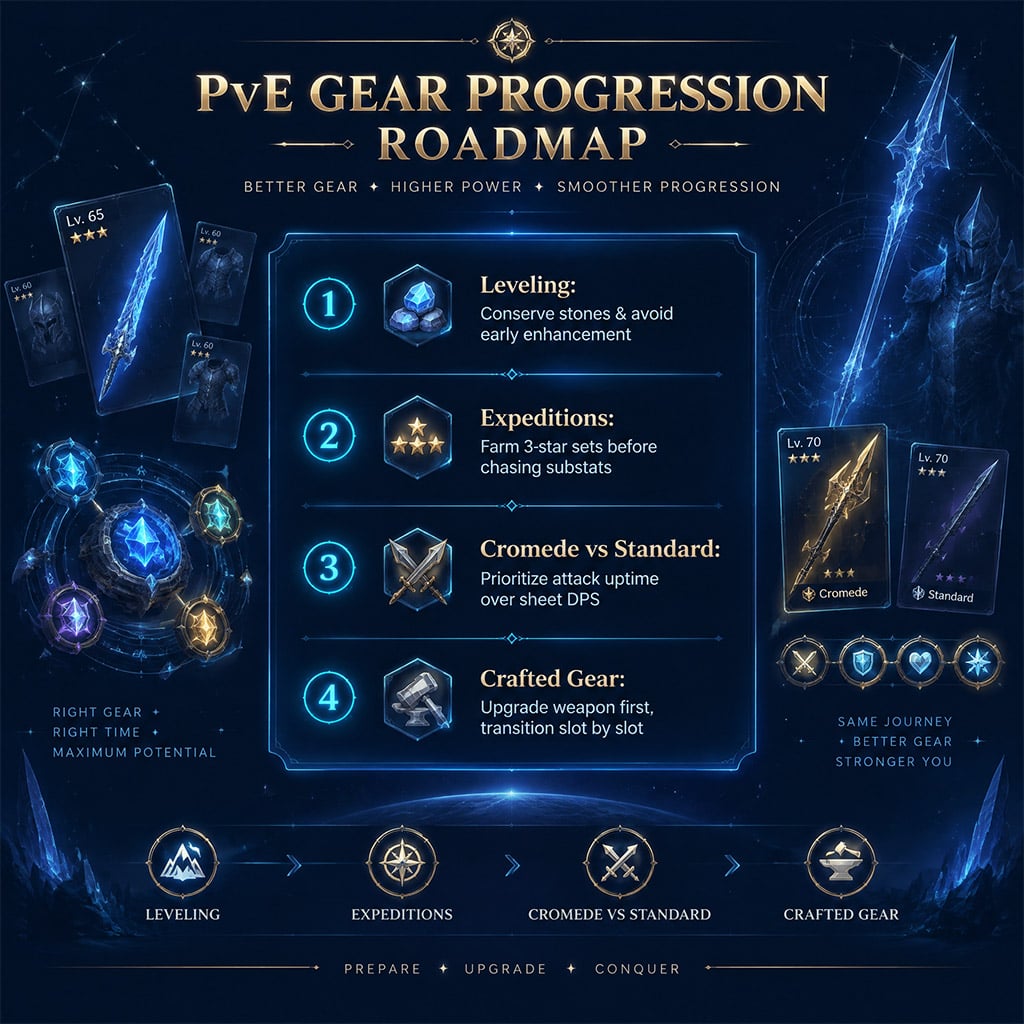 Progression flow chart of AION 2 PvE gear from leveling drops to crafted sets