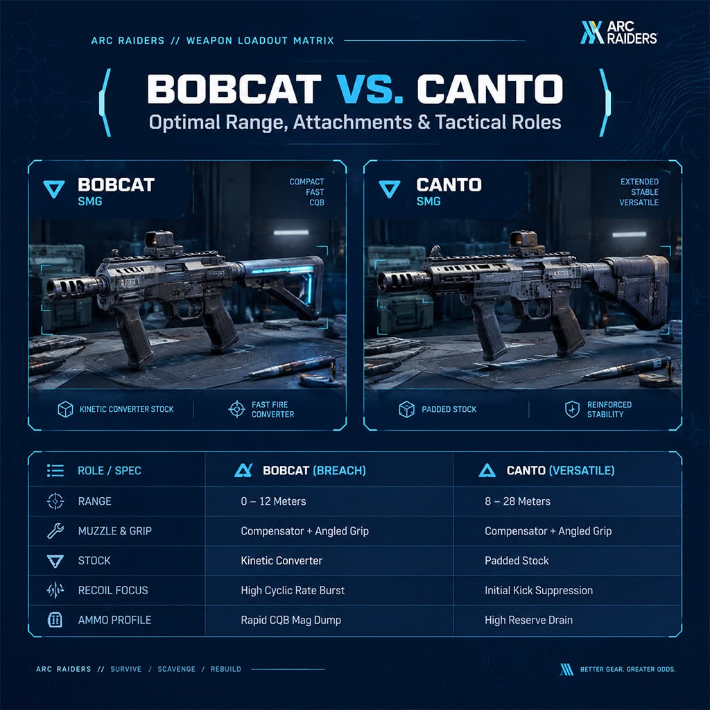 Side-by-side comparison of the Bobcat and Canto submachine guns equipped with tactical weapon attachments in ARC Raiders.