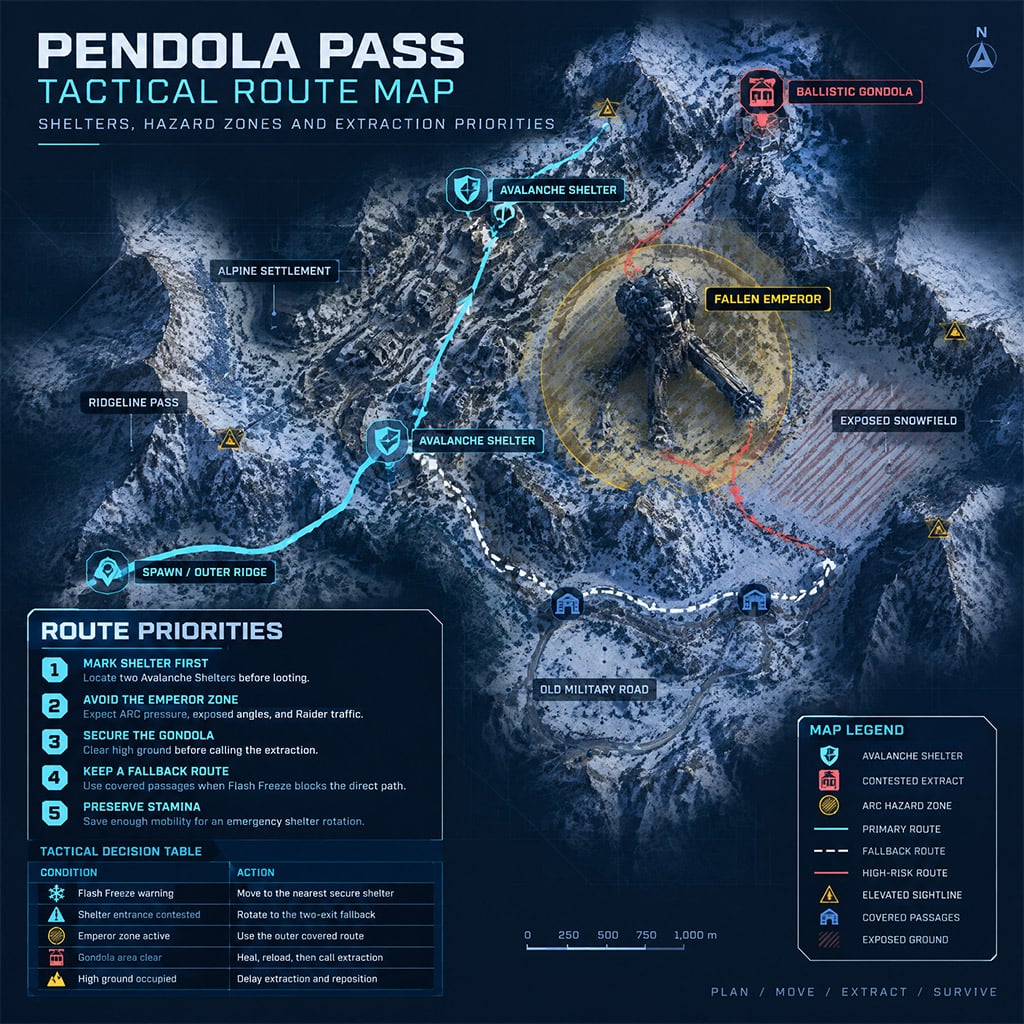 Tactical Pendola Pass overhead route map highlighting Avalanche Shelters, fallen Emperor hazard zone, and Ballistic Gondola extract points
