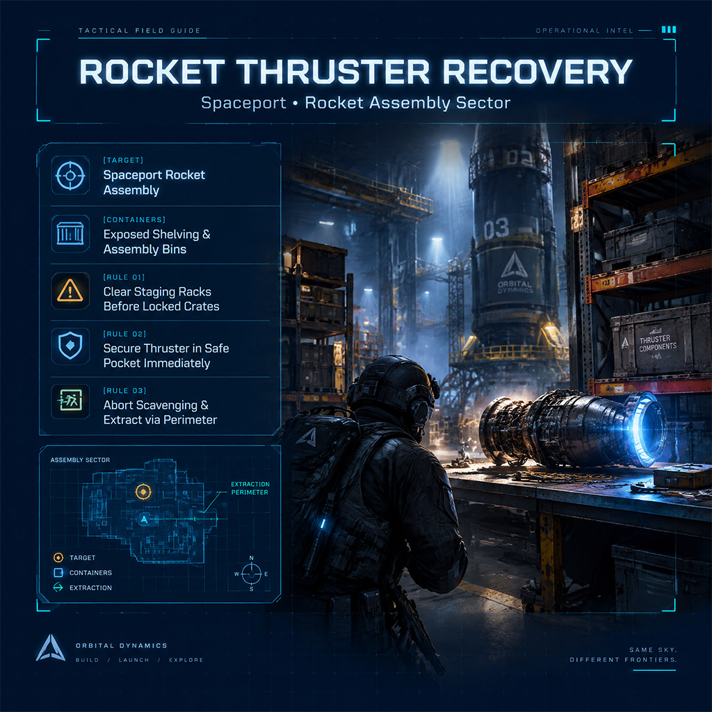 Player scouting industrial shelving inside Rocket Assembly on Spaceport in ARC Raiders Player scouting industrial shelving inside Rocket Assembly on Spaceport in ARC Raiders