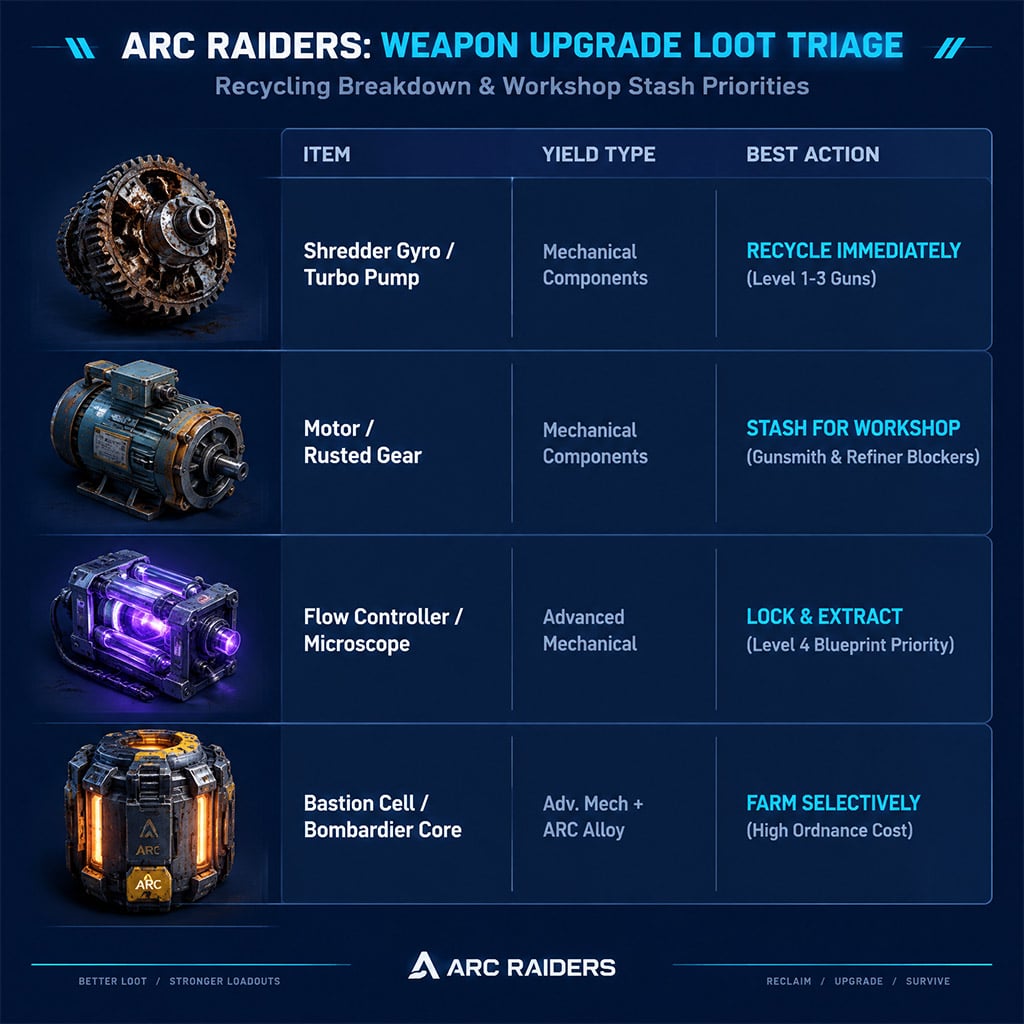 ARC Raiders inventory triage table showing items producing Mechanical and Advanced Mechanical Components ARC Raiders inventory triage table showing items producing Mechanical and Advanced Mechanical Components