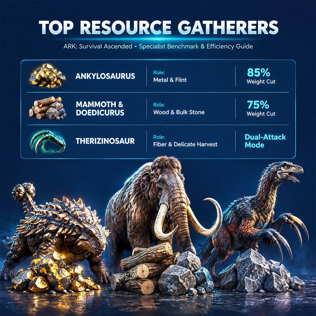 Side-by-side comparison chart of top resource harvesters in ARK Survival Ascended including Ankylosaurus, Mammoth, and Therizinosaur Side-by-side comparison chart of top resource harvesters in ARK Survival Ascended including Ankylosaurus, Mammoth, and Therizinosaur