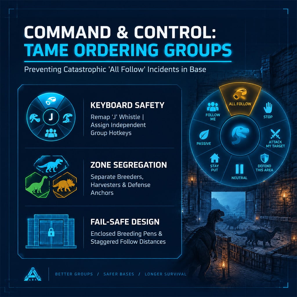 Interface showing how to configure ordering groups to prevent global follow whistles in ARK Interface showing how to configure ordering groups to prevent global follow whistles in ARK