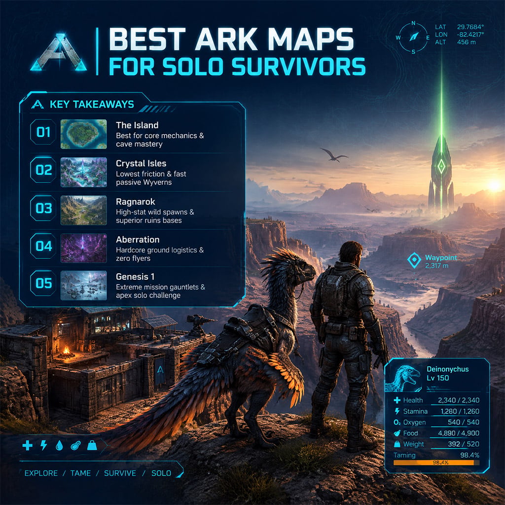 Solo player riding a Deinonychus through a canyon base outpost in ARK Survival. Solo player riding a Deinonychus through a canyon base outpost in ARK Survival.