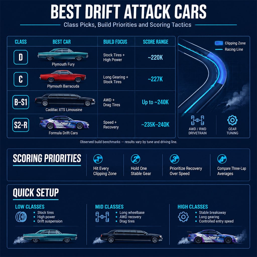 Best FH6 Drift Attack cars arranged from D class through R class