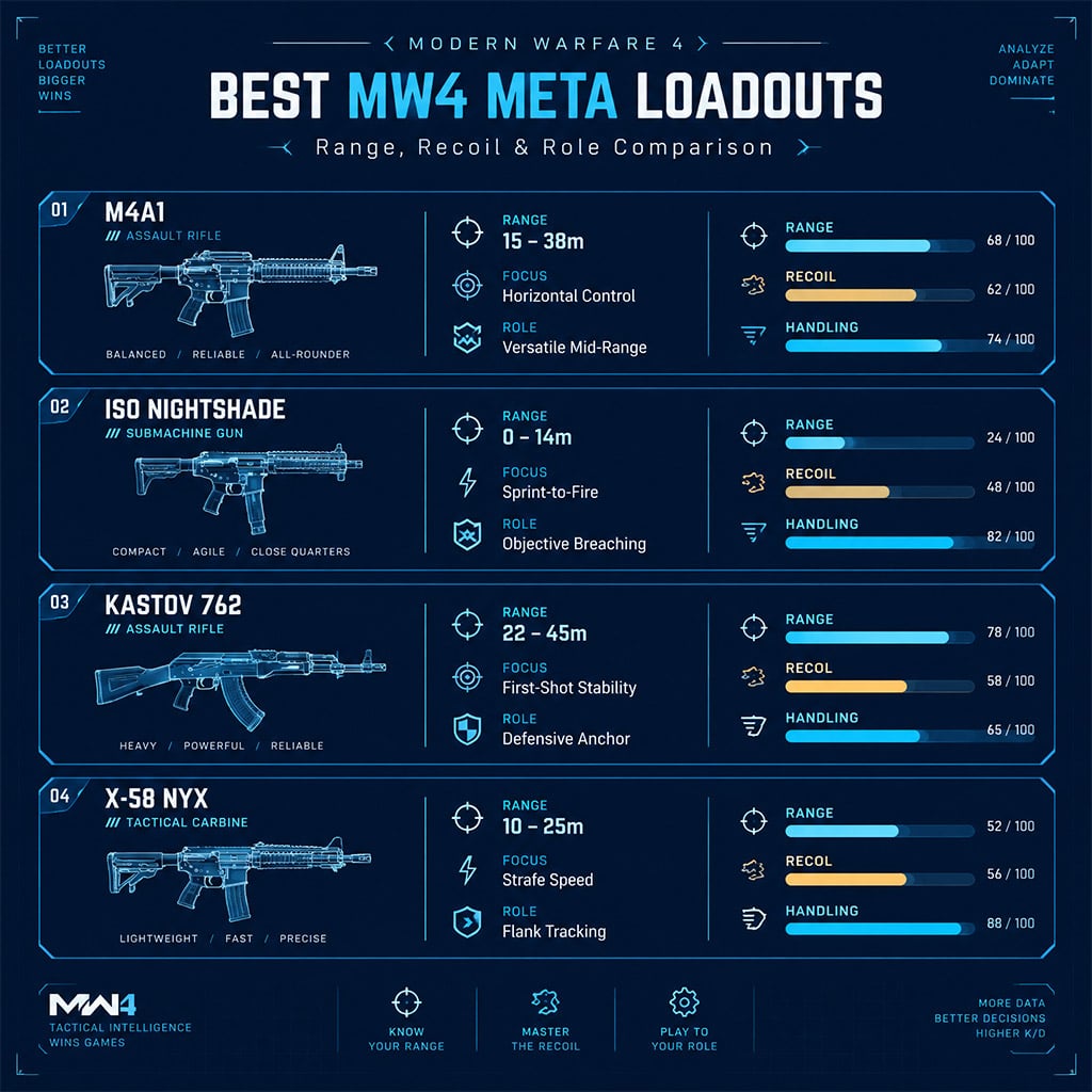 Four MW4 weapons compared by ideal range, handling, recoil, and multiplayer role