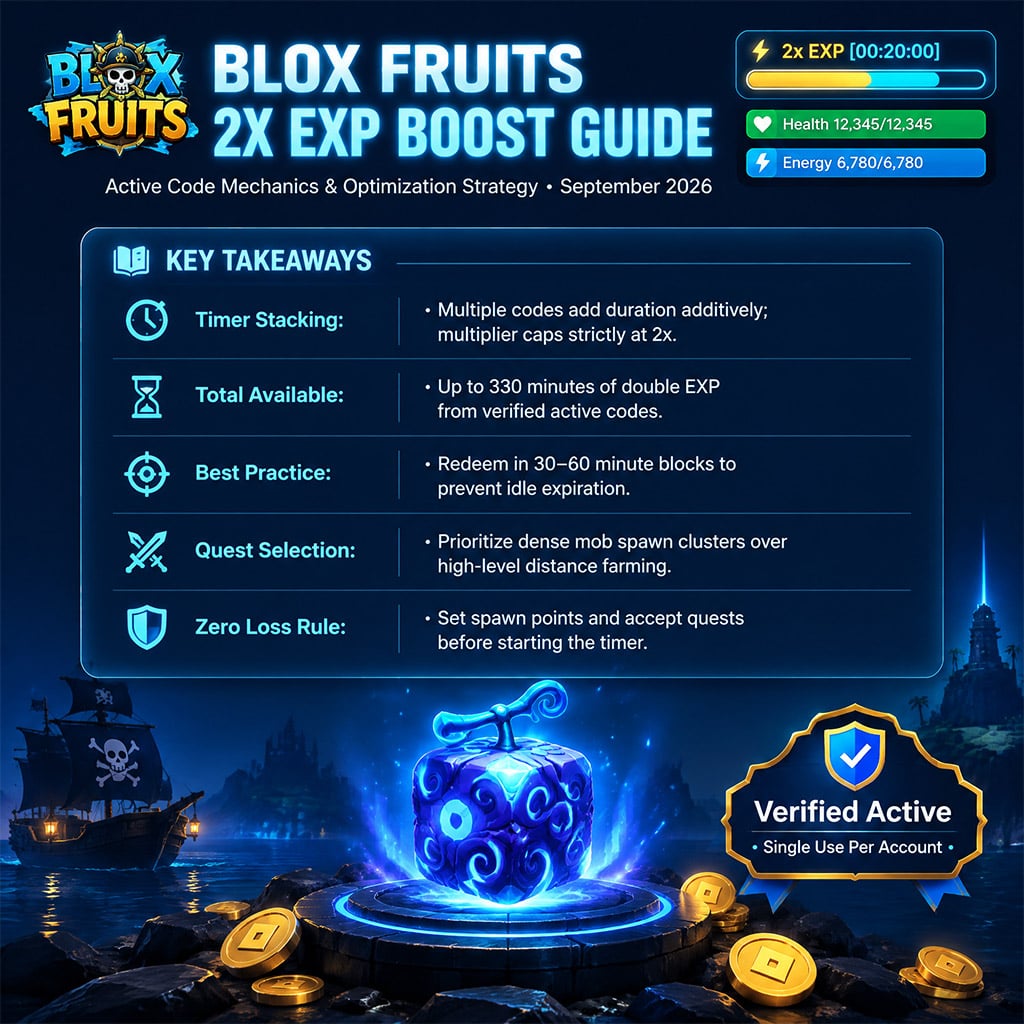 Blox Fruits UI screen highlighting the active 2x EXP boost counter after redeeming a promo code Blox Fruits UI screen highlighting the active 2x EXP boost counter after redeeming a promo code