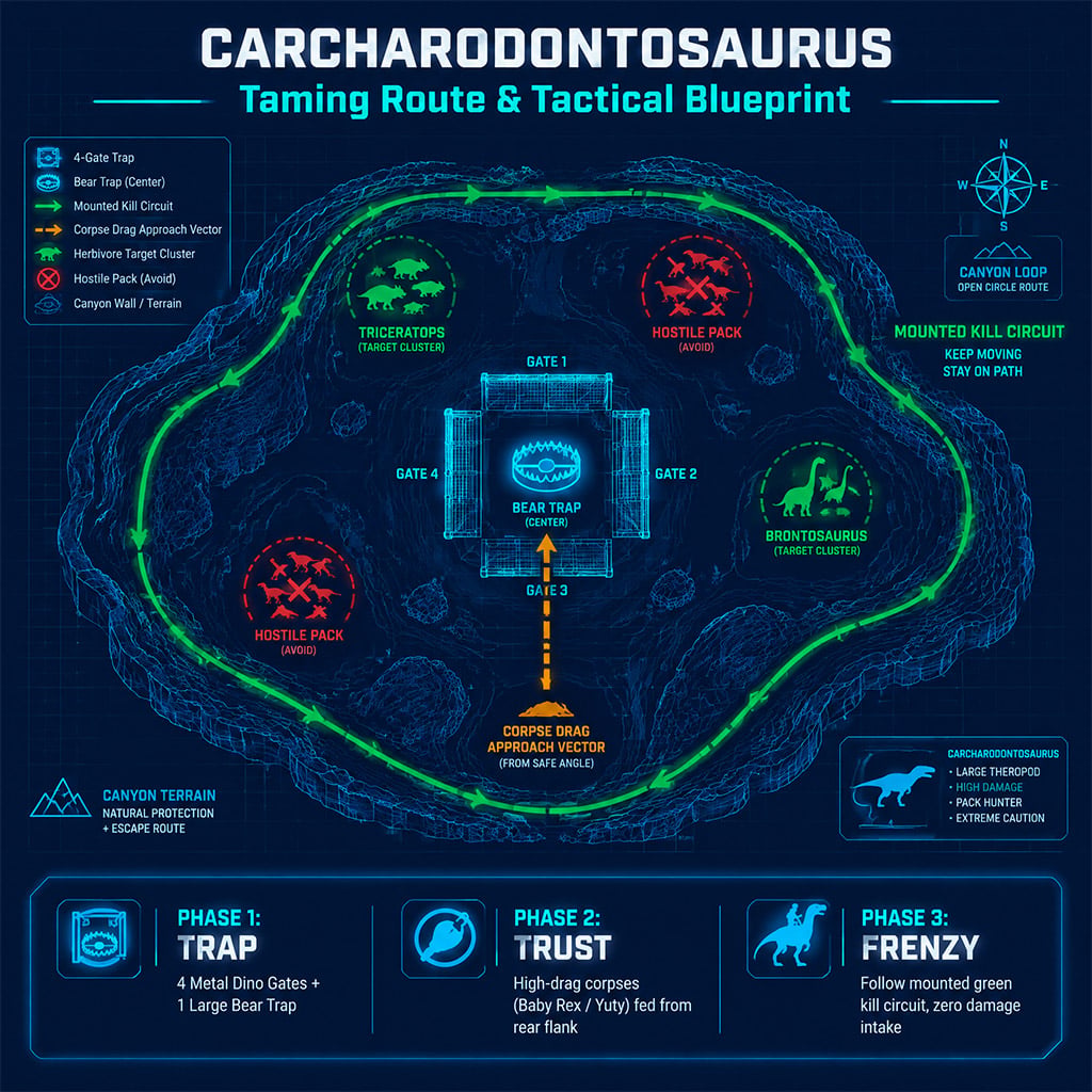 Tactical top-down schematic of a metal Carcharodontosaurus trap layout showing corpse drop-point and surrounding prey kill loop Tactical top-down schematic of a metal Carcharodontosaurus trap layout showing corpse drop-point and surrounding prey kill loop