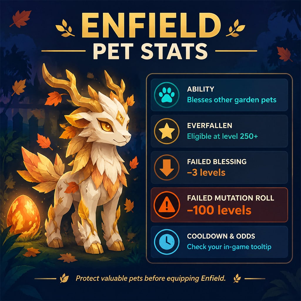 In-game tooltip displaying Enfield base stats, cooldown timer, and blessing ability description