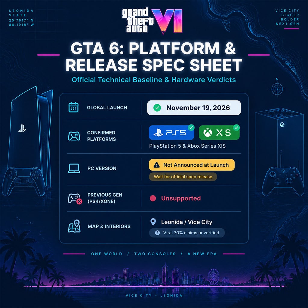Side-by-side comparison chart showing confirmed release date and supported consoles for GTA 6. Side-by-side comparison chart showing confirmed release date and supported consoles for GTA 6.