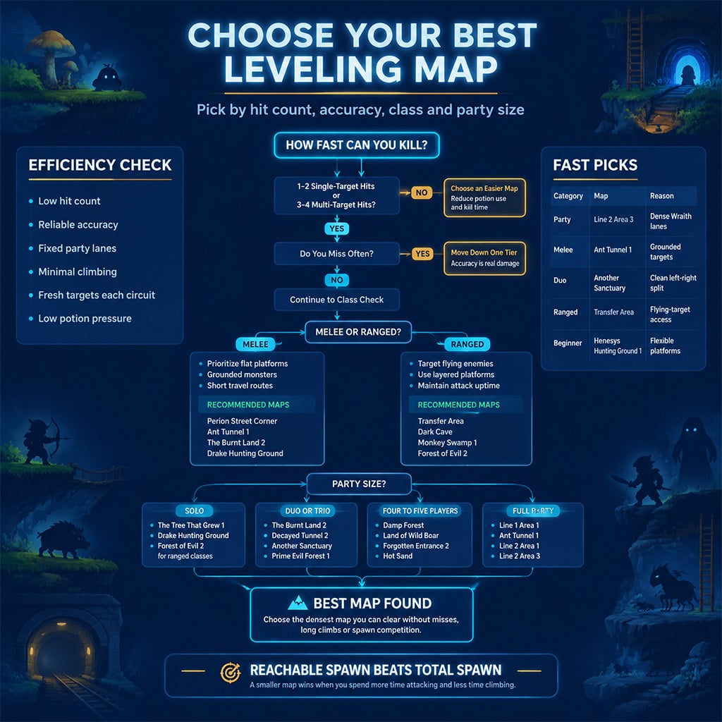 Decision chart for choosing a MapleStory Classic World training map by hit count, accuracy, class, and party size