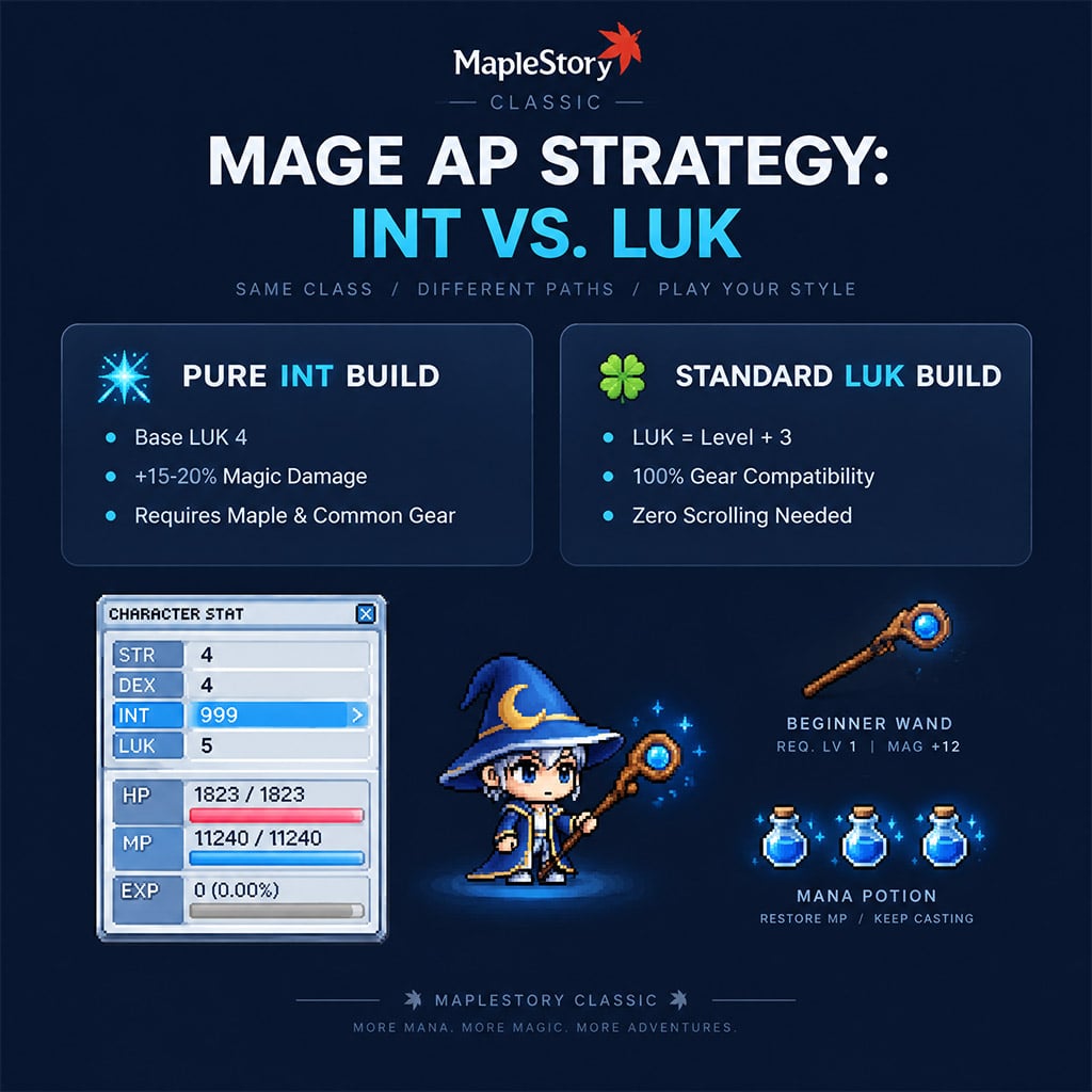 Stat window showing Pure INT mage build with minimum base LUK. Stat window showing Pure INT mage build with minimum base LUK.
