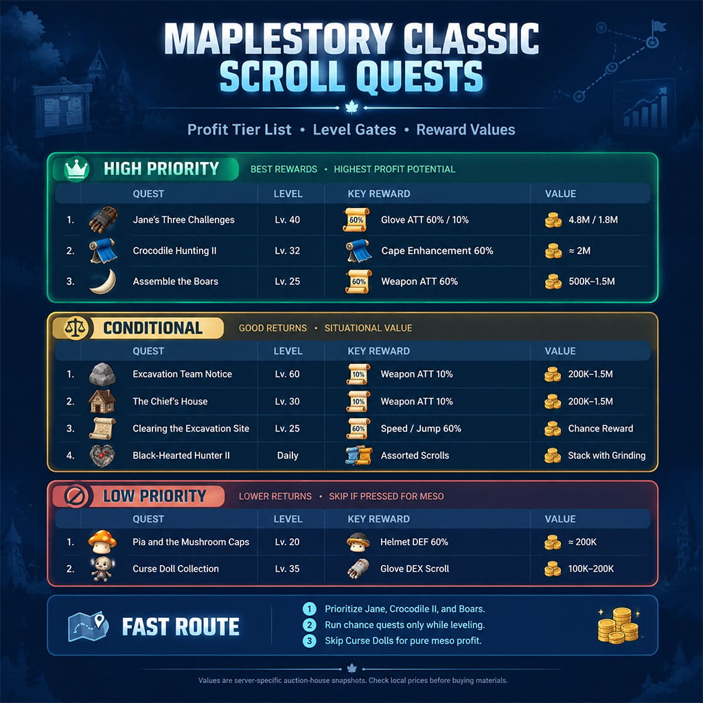 Tactical tier ranking table of MapleStory Classic scroll quests highlighting reward values and level gates
