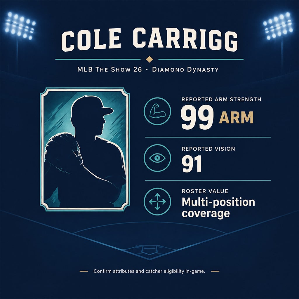 MLB The Show 26 Cole Carrigg Diamond Dynasty player card showing secondary positions and 99 arm strength.
