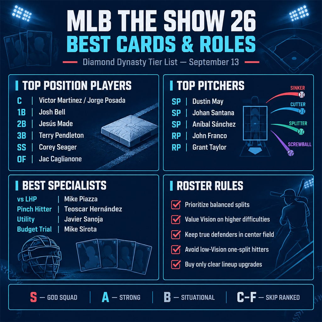MLB The Show 26 Diamond Dynasty tier list comparing top hitters, starting pitchers, and relievers