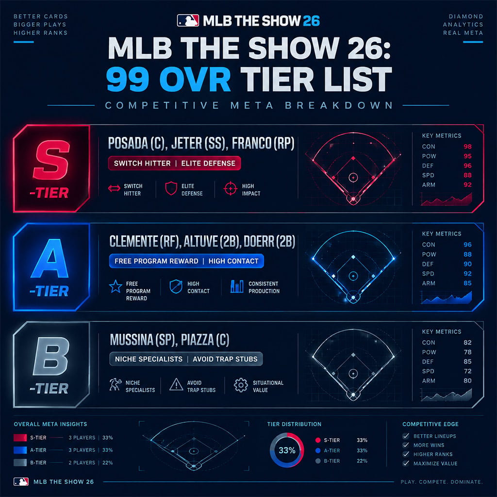 Complete MLB The Show 26 competitive card tier list ranking Posada, Jeter, Franco, Clemente, Altuve, Doerr, Mussina, and Piazza by meta viability