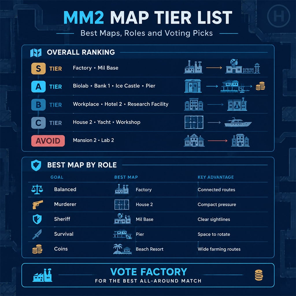 Murder Mystery 2 maps arranged from S tier to F tier, with Factory and Mil Base at the top Murder Mystery 2 maps arranged from S tier to F tier, with Factory and Mil Base at the top