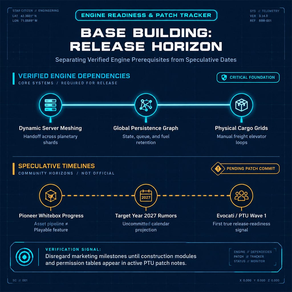 Technical milestone timeline contrasting confirmed development progress with unconfirmed release timelines for Star Citizen base building Technical milestone timeline contrasting confirmed development progress with unconfirmed release timelines for Star Citizen base building