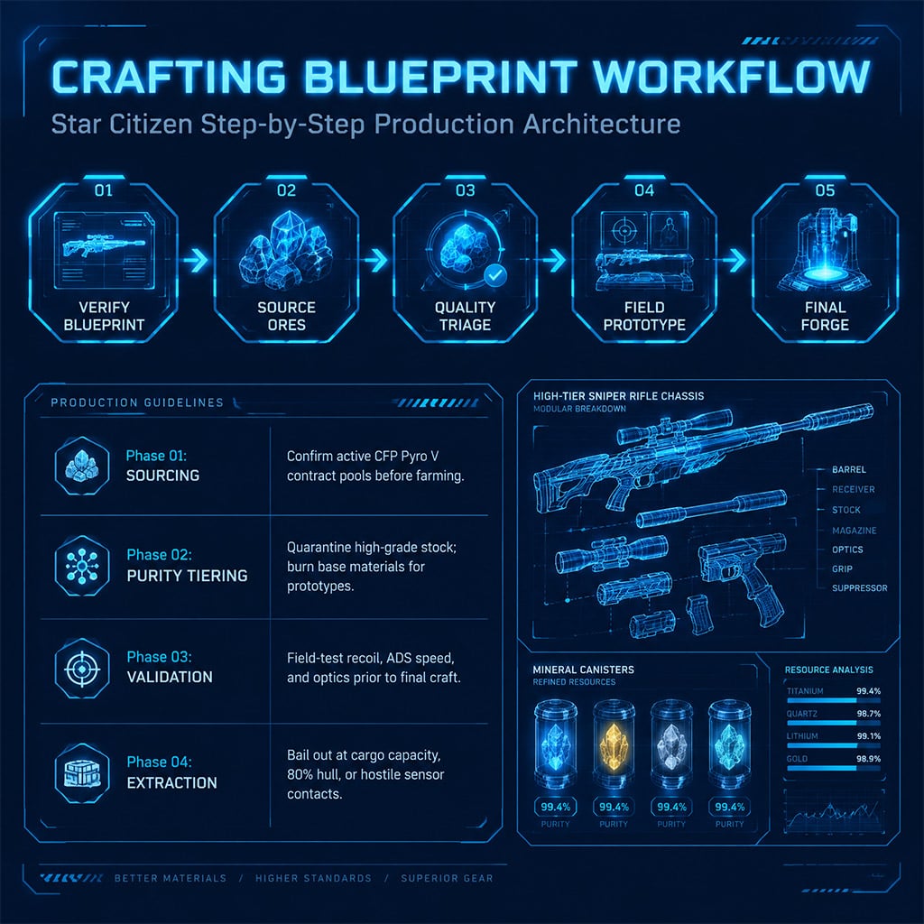 Production flowchart tracking blueprint verification, resource gathering, prototype assembly, field-testing, and final fabrication. Production flowchart tracking blueprint verification, resource gathering, prototype assembly, field-testing, and final fabrication.