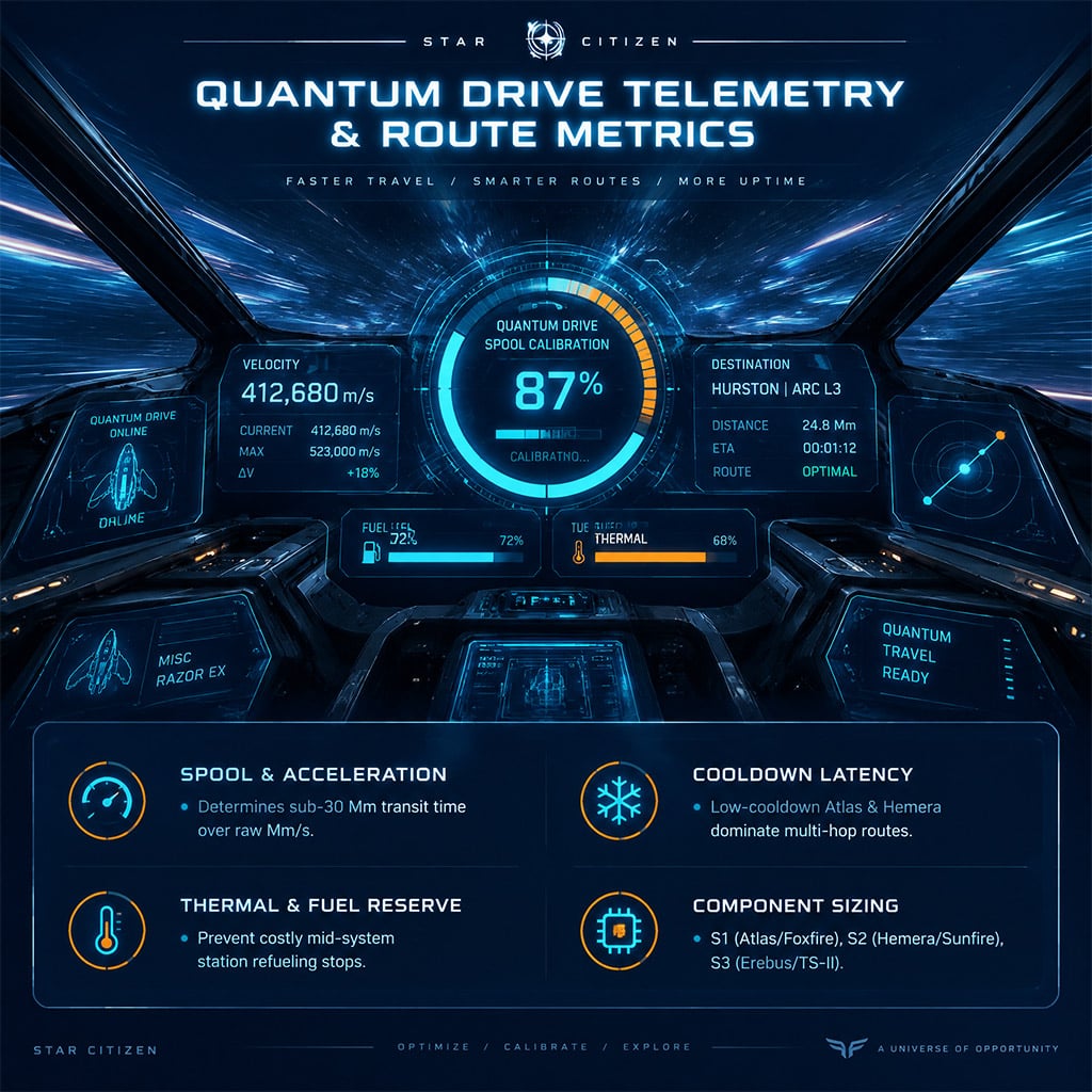 Quantum drive interface calibration and spooling readouts during short-hop quantum travel in Star Citizen.
