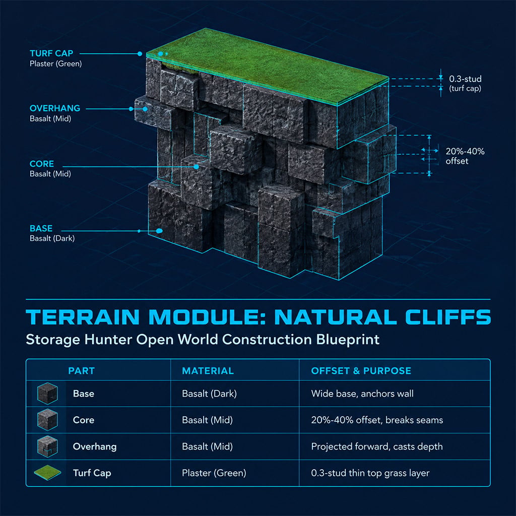Modular basalt cliff section showing offset stacked cubes capped with a thin green plaster layer.
