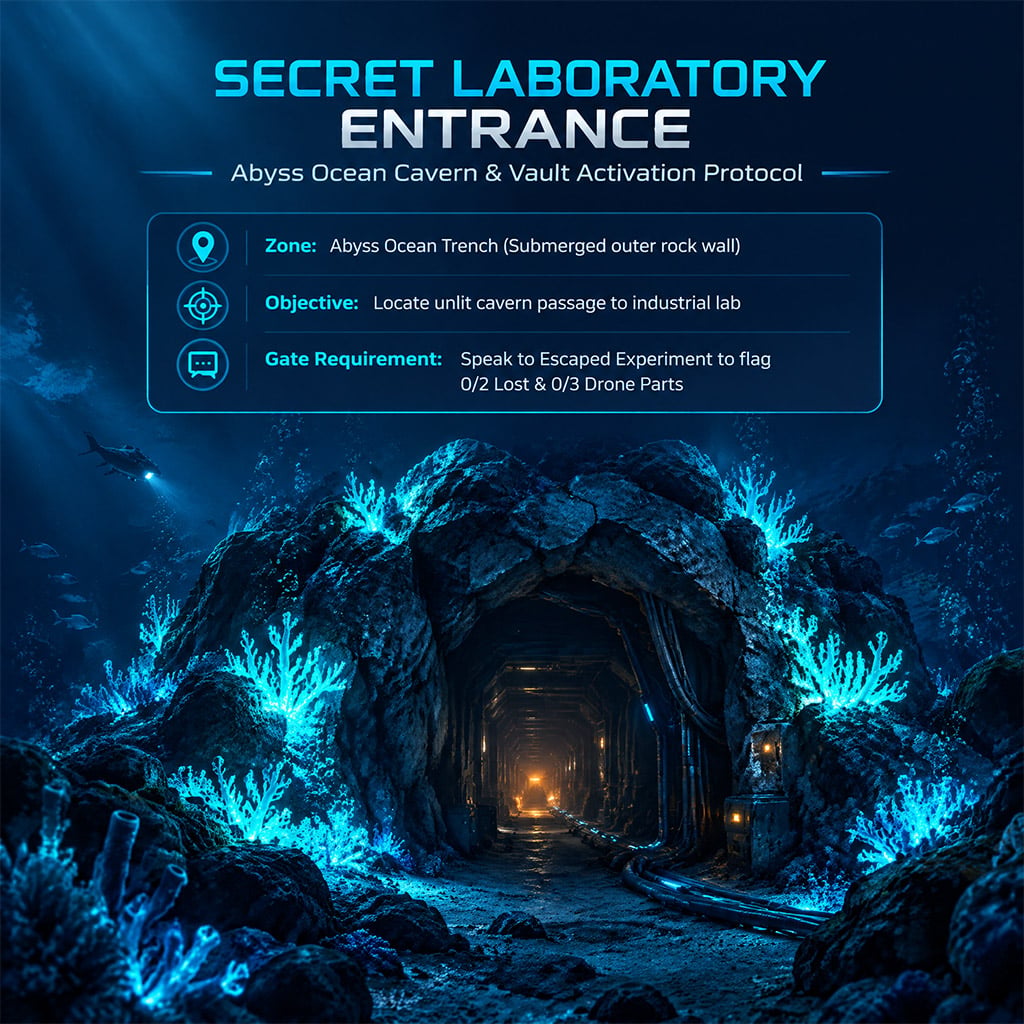 Hidden underwater cavern entrance in the Abyss Ocean leading to the Secret Laboratory in Roblox Steal an Egg. Hidden underwater cavern entrance in the Abyss Ocean leading to the Secret Laboratory in Roblox Steal an Egg.