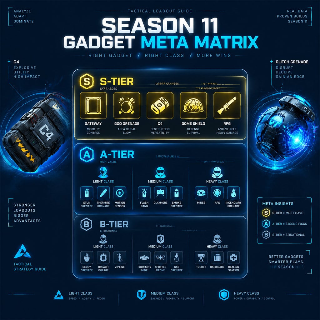 Complete S to D tier list graphic for gadgets in THE FINALS Season 11 Complete S to D tier list graphic for gadgets in THE FINALS Season 11