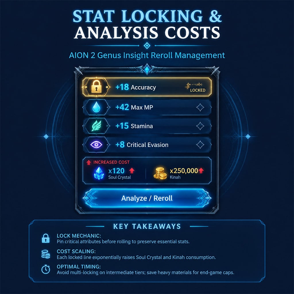 AION 2 Genus Insight roll result with one stat line locked and the increased Soul Crystal and Kina cost for the next analysis