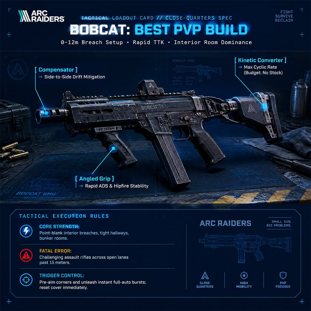 Close-up of a fully modded Bobcat SMG showing an Angled Grip and Compensator in an ARC Raiders weapon loadout menu.