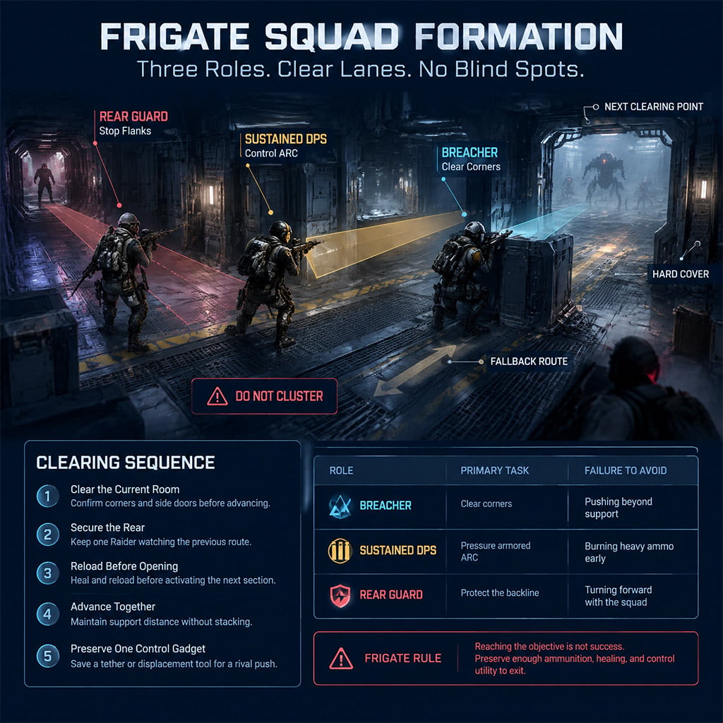 Three-man tactical formation clearing tight metallic Frigate corridors with defined lanes for breacher, sustained DPS, and rear guard