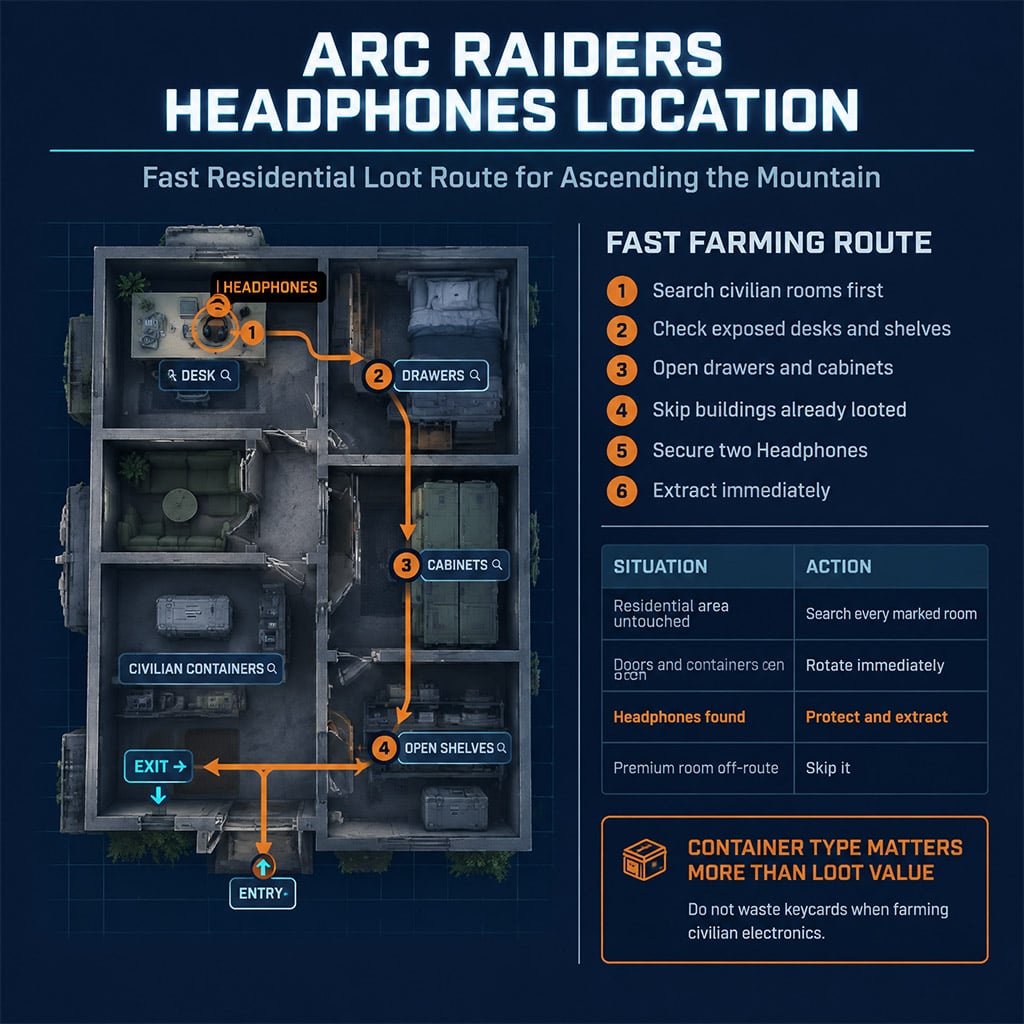 ARC Raiders residential loot route highlighting desks, drawers, cabinets, and exposed Headphones ARC Raiders residential loot route highlighting desks, drawers, cabinets, and exposed Headphones