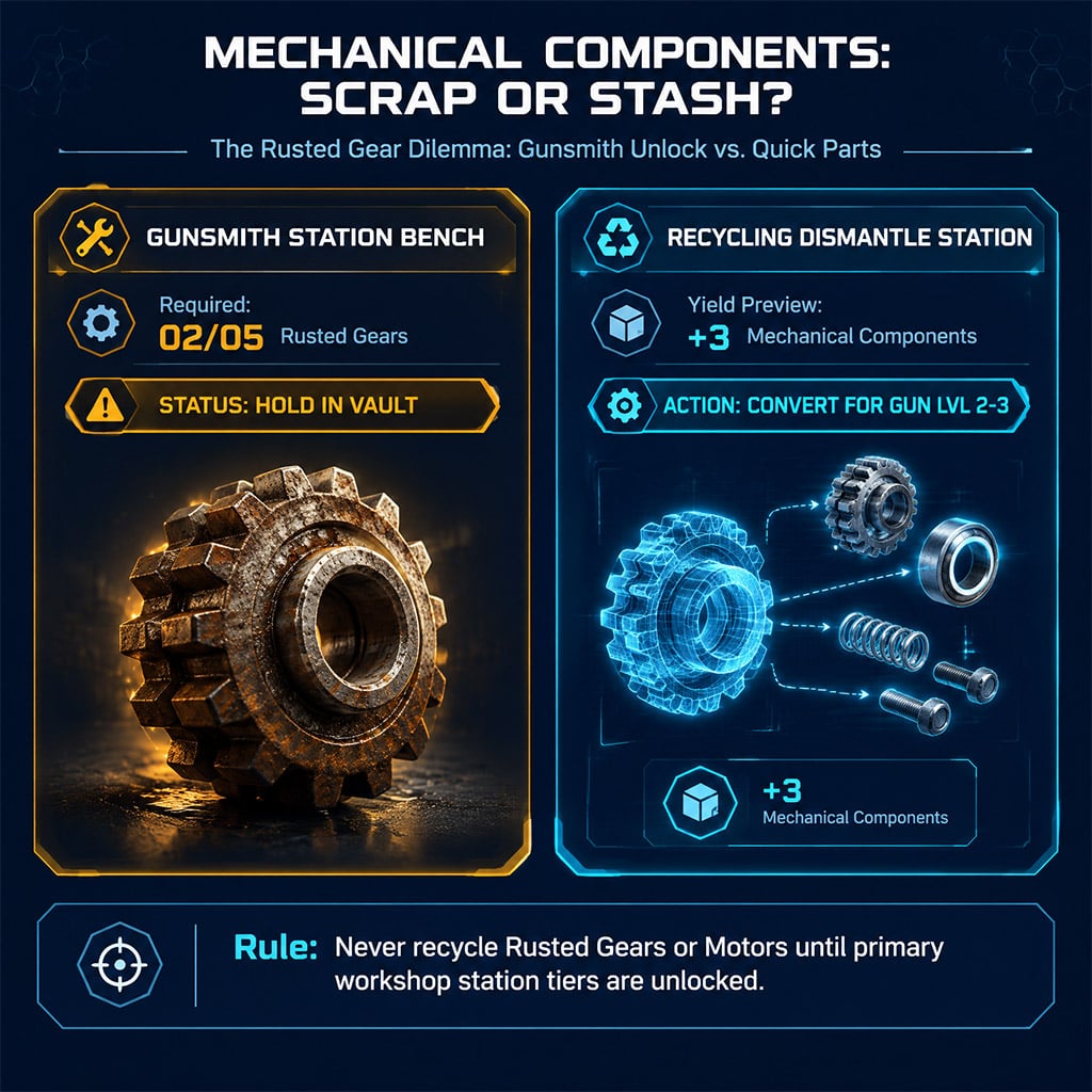 Side-by-side view of Gunsmith upgrade requirement slot alongside recycler material yield for a Rusted Gear Side-by-side view of Gunsmith upgrade requirement slot alongside recycler material yield for a Rusted Gear