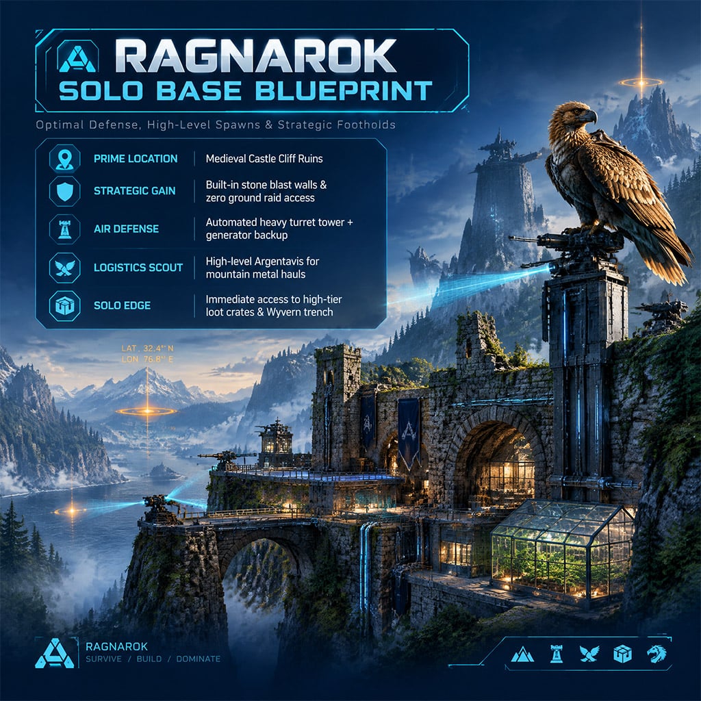 Compact solo base constructed inside stone castle ruins on the Ragnarok map. Compact solo base constructed inside stone castle ruins on the Ragnarok map.