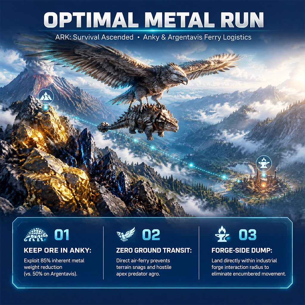 An Argentavis carrying an Ankylosaurus between mountain metal nodes on The Island in ARK Survival Ascended An Argentavis carrying an Ankylosaurus between mountain metal nodes on The Island in ARK Survival Ascended