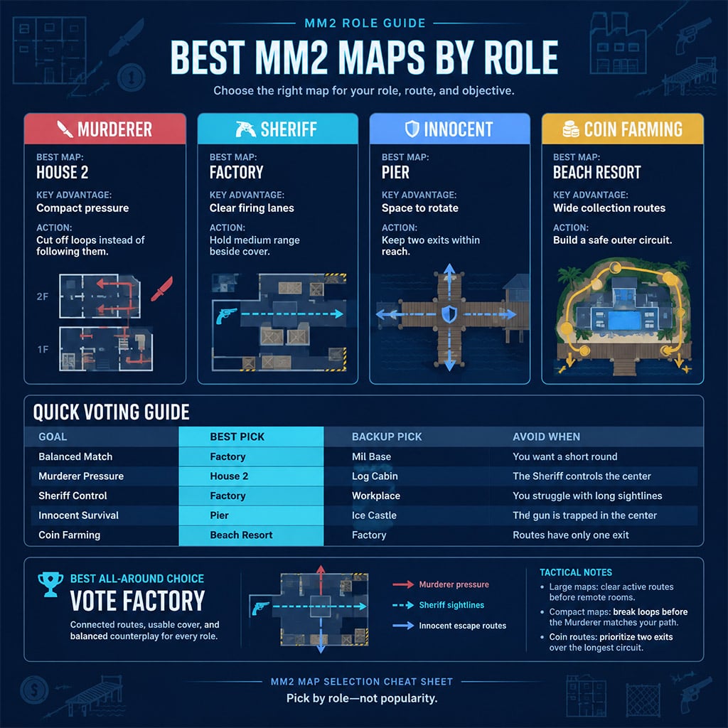 Comparison chart showing the best MM2 maps for Murderer, Sheriff, Innocent survival, and coin farming Comparison chart showing the best MM2 maps for Murderer, Sheriff, Innocent survival, and coin farming