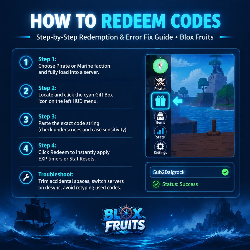 Close-up view of the Blox Fruits left-hand interface menu with the gift icon highlighted for code entry Close-up view of the Blox Fruits left-hand interface menu with the gift icon highlighted for code entry
